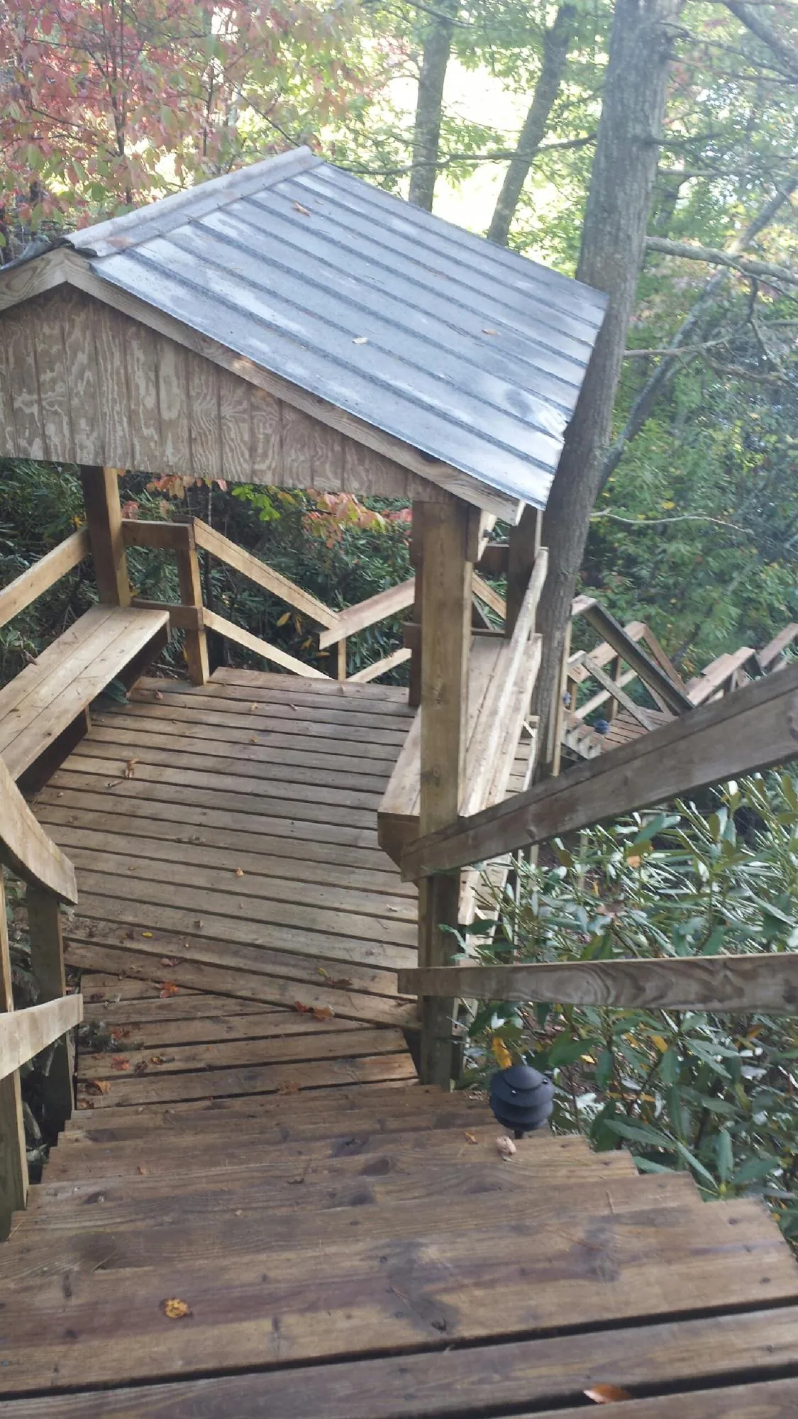 Metal roofed shelter over wooden steps on a wooded walkway — Skylight Repair & Installation work by our crew in Scarville